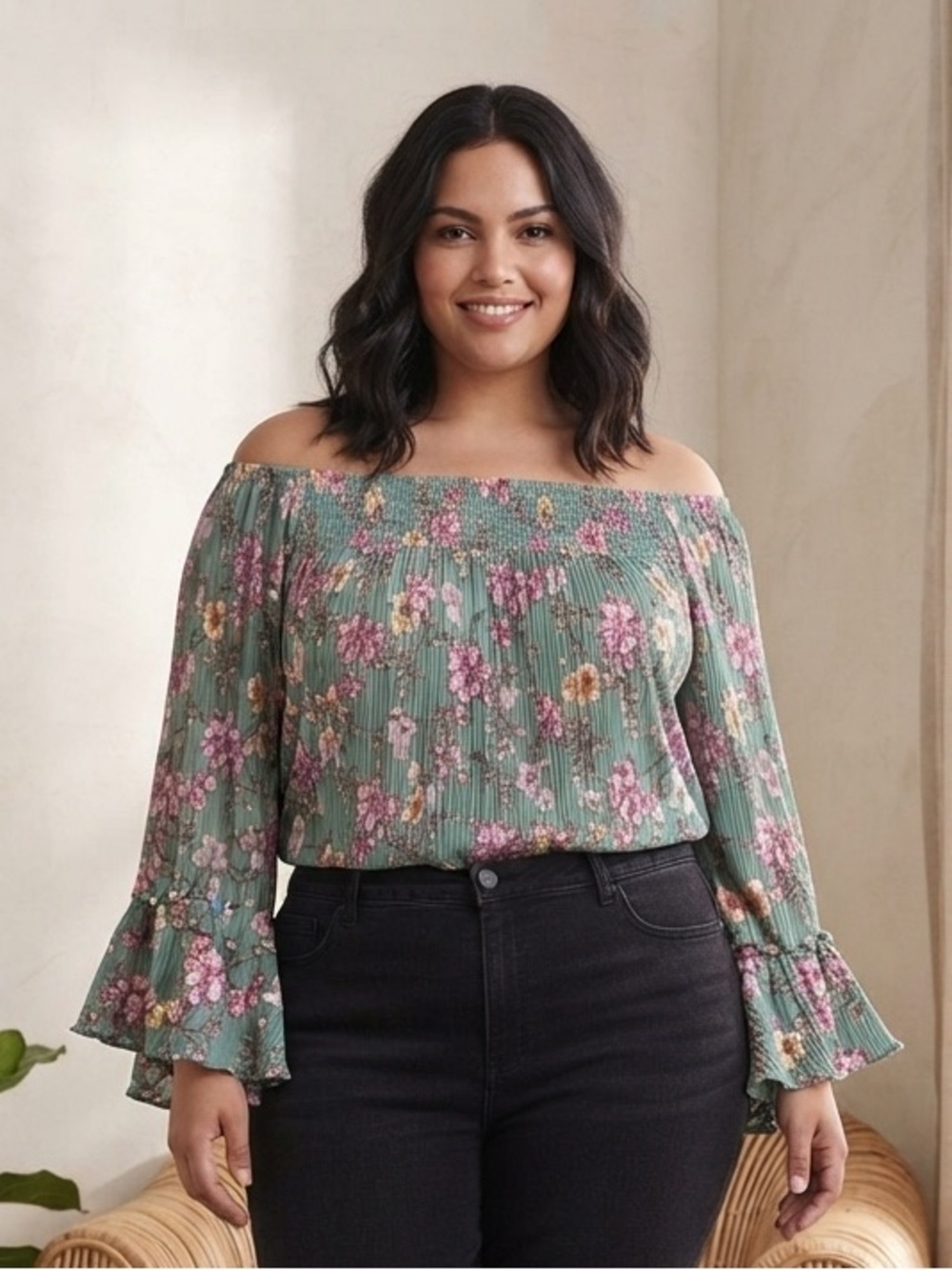 Take 50% OFF-Cato Floral Off-Shoulder A-Line Skirt in Sage Pink Flowers,Size-22W
